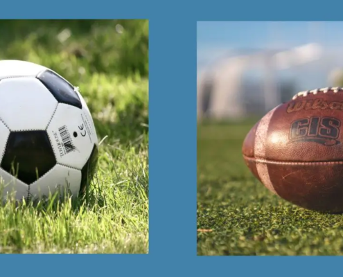 Football and soccer ball on a lawn